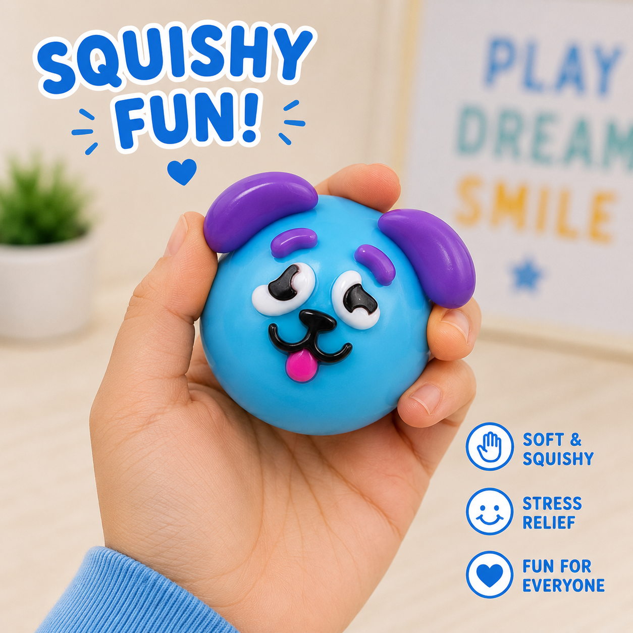NEW Smushers Squishy - Curiosities Smushers Dog Face Swap Squishy - Cute Easy Squeezy Funny Face Squishy Stress Balls - Stress Relief Desk Accessory for Adults (Blue)