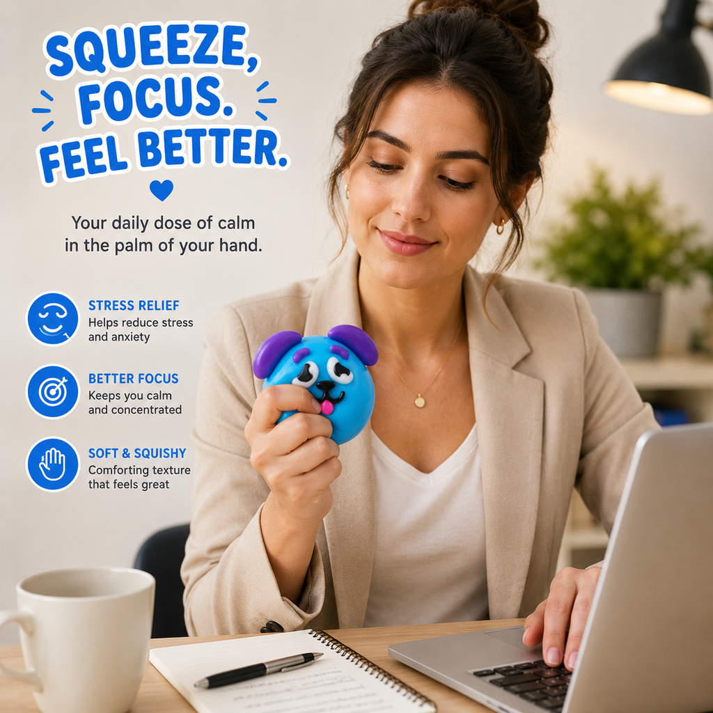 NEW Smushers Squishy - Curiosities Smushers Dog Face Swap Squishy - Cute Easy Squeezy Funny Face Squishy Stress Balls - Stress Relief Desk Accessory for Adults (Blue)