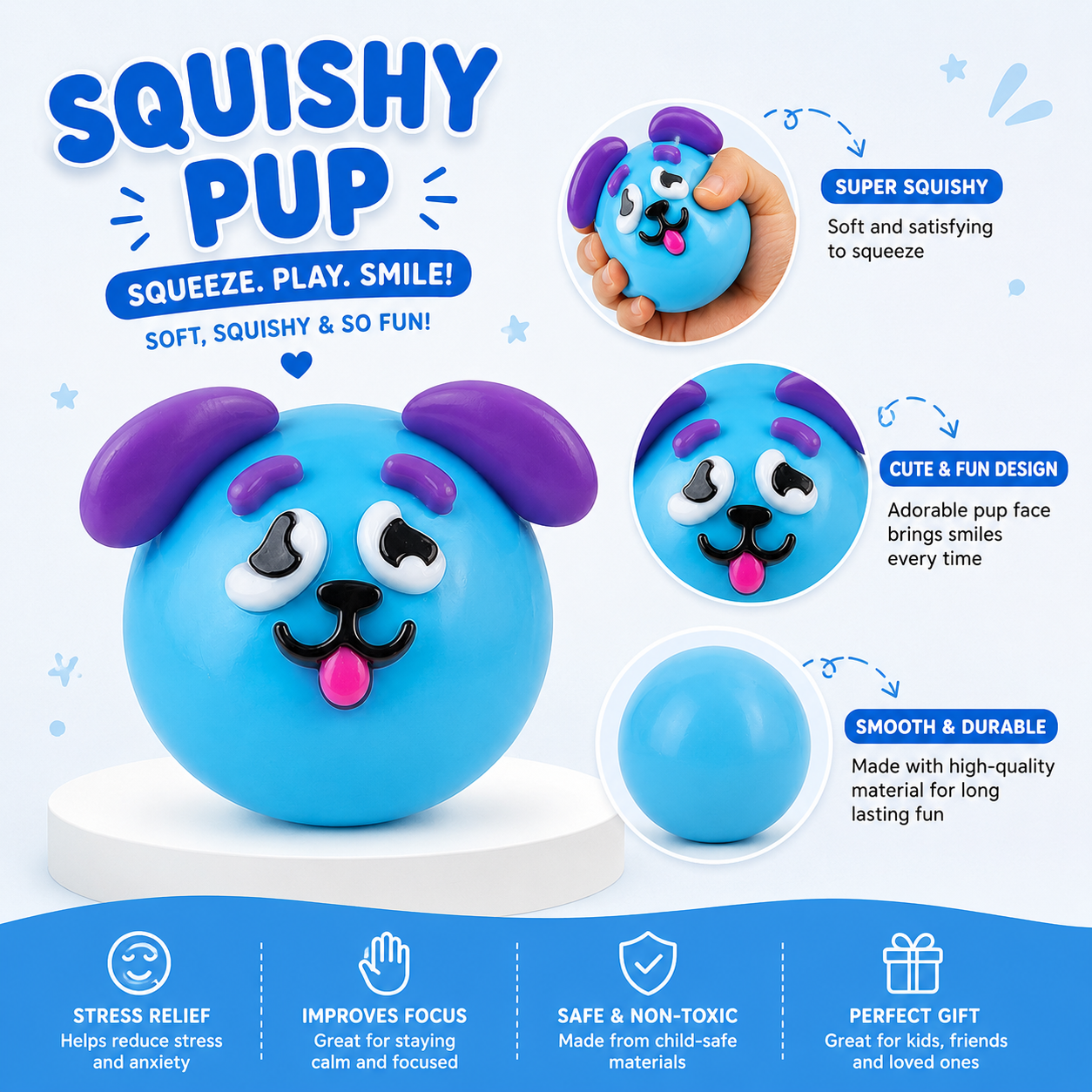 NEW Smushers Squishy - Curiosities Smushers Dog Face Swap Squishy - Cute Easy Squeezy Funny Face Squishy Stress Balls - Stress Relief Desk Accessory for Adults (Blue)