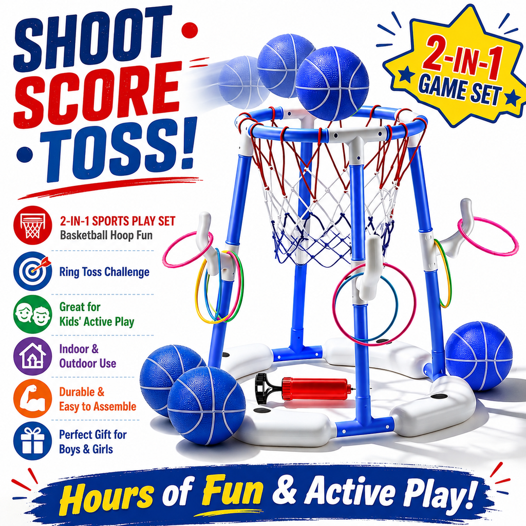 Pool Basketball Hoop with 4 Balls & 12 Rings - 2-in-1 Floating Pool Toys for Kids Adults - Water Game for Indoor Outdoor Swimming Backyard Party - Portable Summer Gifts for Boys Girls Ages 8-12 - Blue