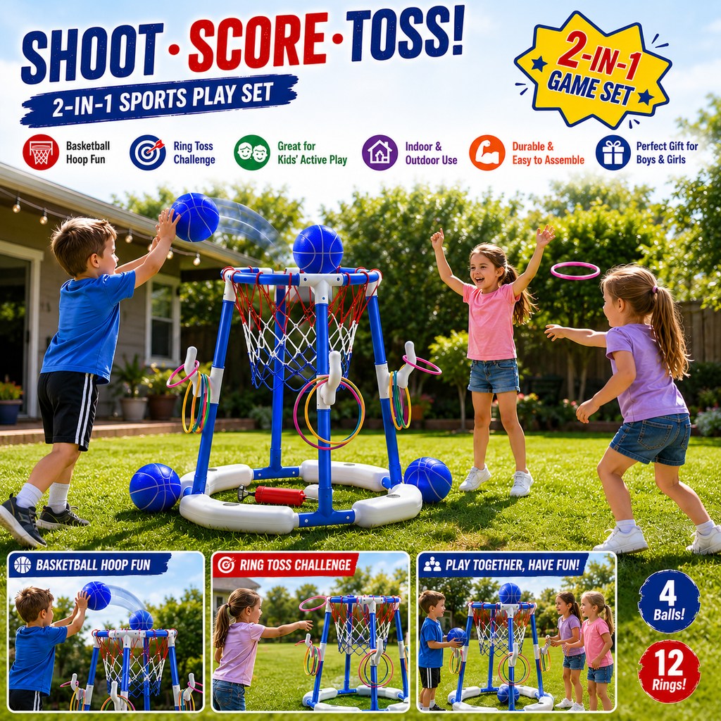 Pool Basketball Hoop with 4 Balls & 12 Rings - 2-in-1 Floating Pool Toys for Kids Adults - Water Game for Indoor Outdoor Swimming Backyard Party - Portable Summer Gifts for Boys Girls Ages 8-12 - Blue