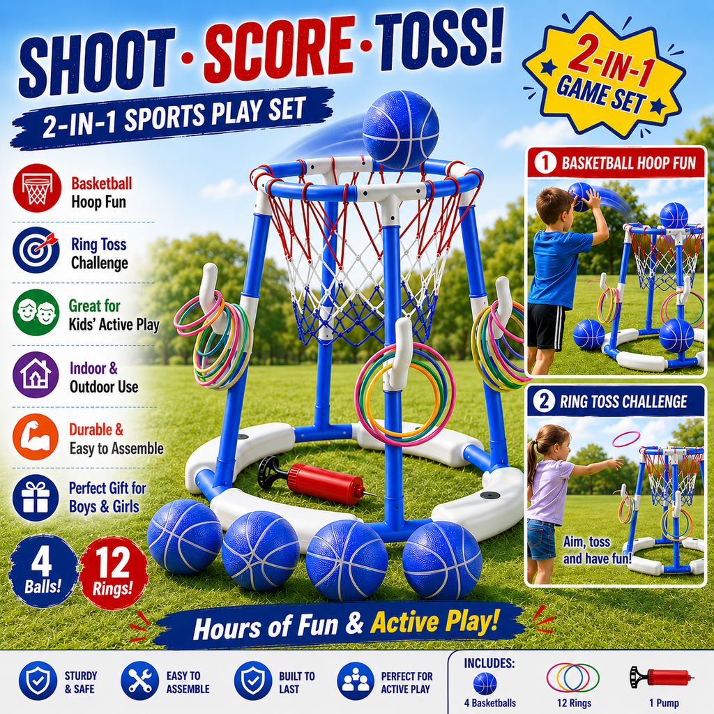 Pool Basketball Hoop with 4 Balls & 12 Rings - 2-in-1 Floating Pool Toys for Kids Adults - Water Game for Indoor Outdoor Swimming Backyard Party - Portable Summer Gifts for Boys Girls Ages 8-12 - Blue