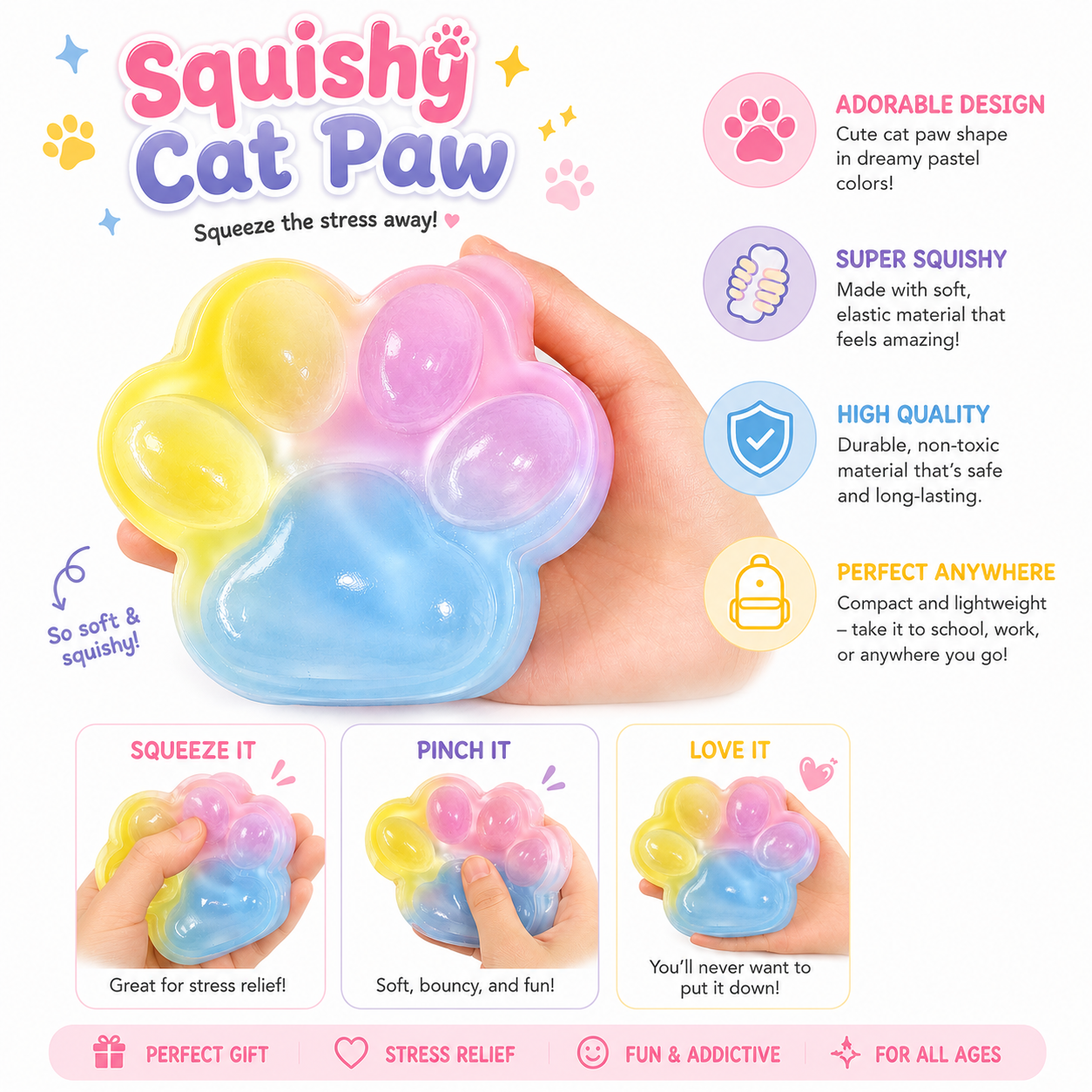 Big Taba Squishy Cat Paw - 5 in Large Paw Squeeze Toy for Stress Relief and Relax - Sticky Squishies Fidget Toys for Party Favors Novelty Things Birthday Gift (Tri-Color)
