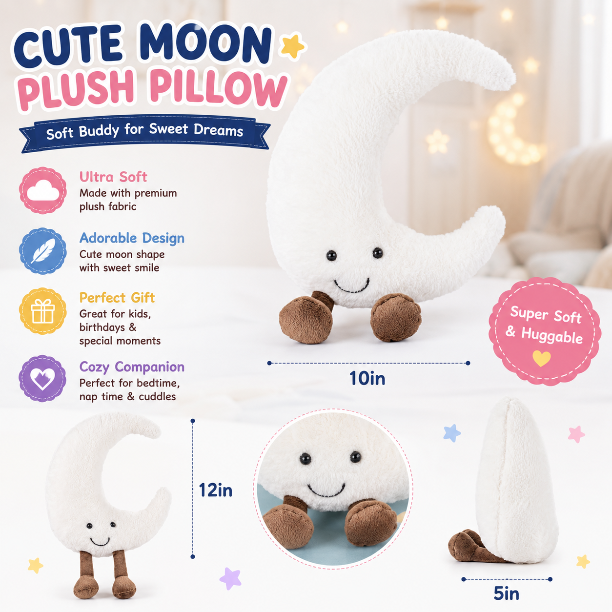 Sun and Moon Plush - Smiling Fun Filled Sun Pillow - 12" Moon and Sunshine Animal Pillow Soft Plush Toy for Children's Birthday Gift (2PCS)