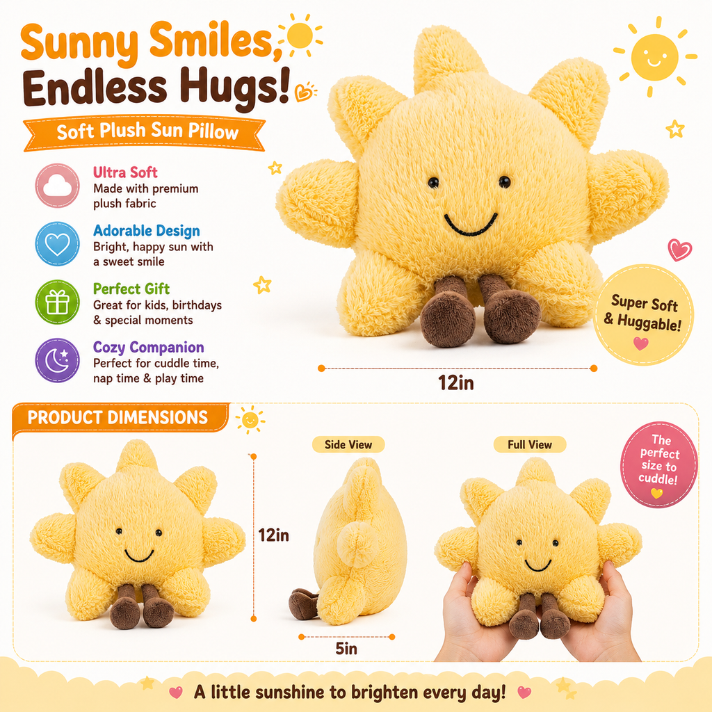 Sun and Moon Plush - Smiling Fun Filled Sun Pillow - 12" Moon and Sunshine Animal Pillow Soft Plush Toy for Children's Birthday Gift (2PCS)