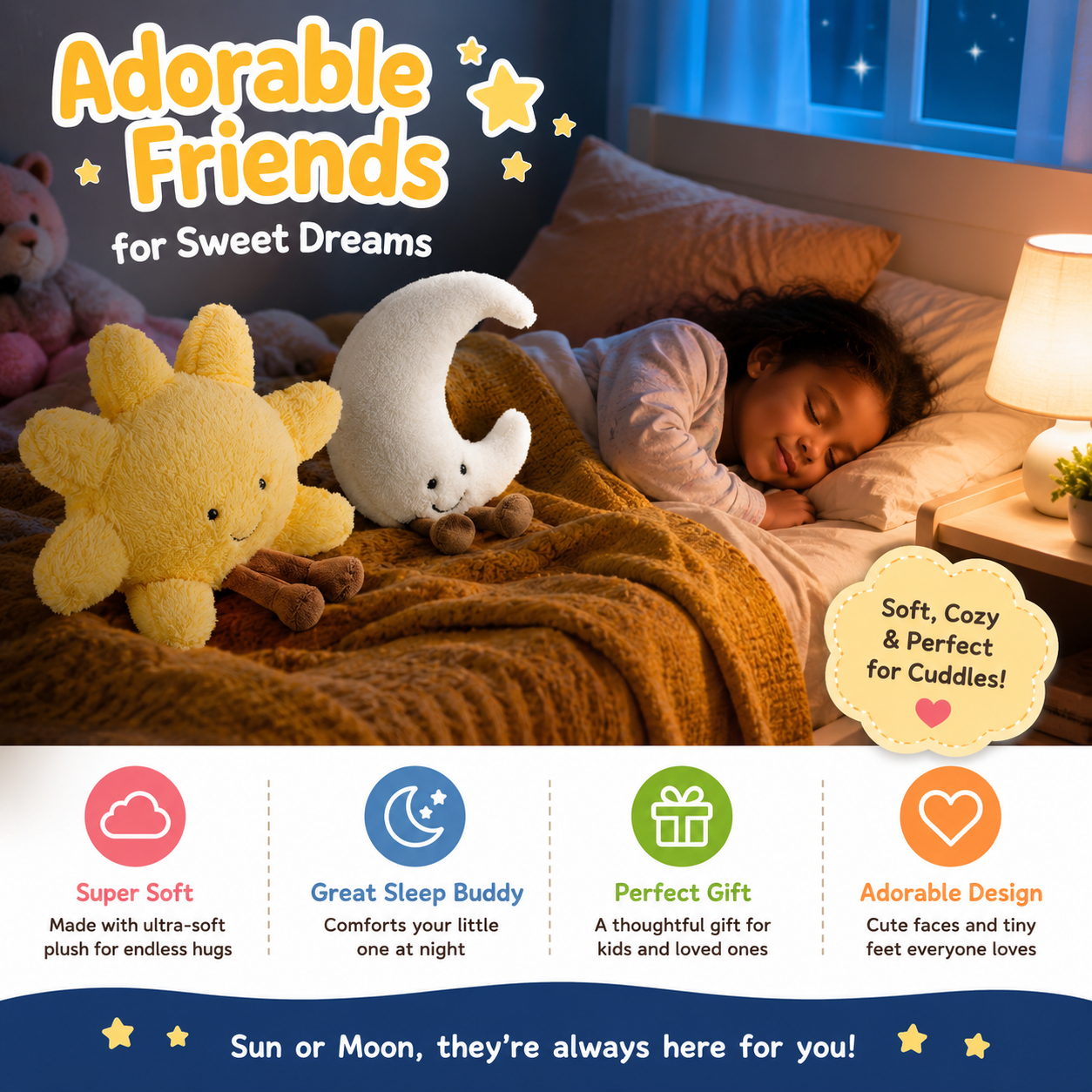 Sun and Moon Plush - Smiling Fun Filled Sun Pillow - 12" Moon and Sunshine Animal Pillow Soft Plush Toy for Children's Birthday Gift (2PCS)