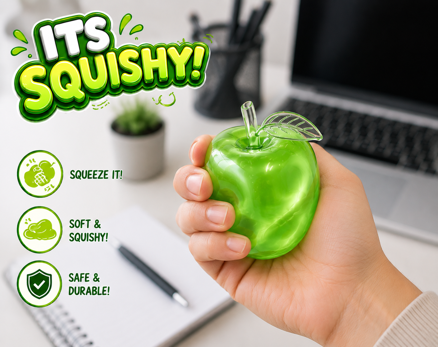 Apple Squishy - Clear Cute Fruit Stress Ball for Adults - Slow Rising Stress Relief - Stress Relief Toy - Soft Cute Fruit Anxiety Relief Doug - Cute Funny Desk Decor (Green)