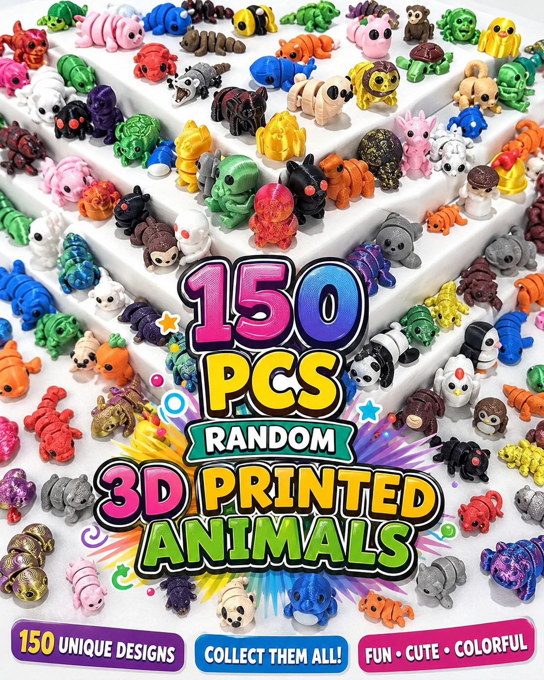 150Pcs Random 3D Printed Animals - Mystery Pack Articulated Figurines Fidget Toy - Gifts for Kids Graduation Rewards - Easter Egg Stuffers - Birthday Gifts(Varying Sizes)