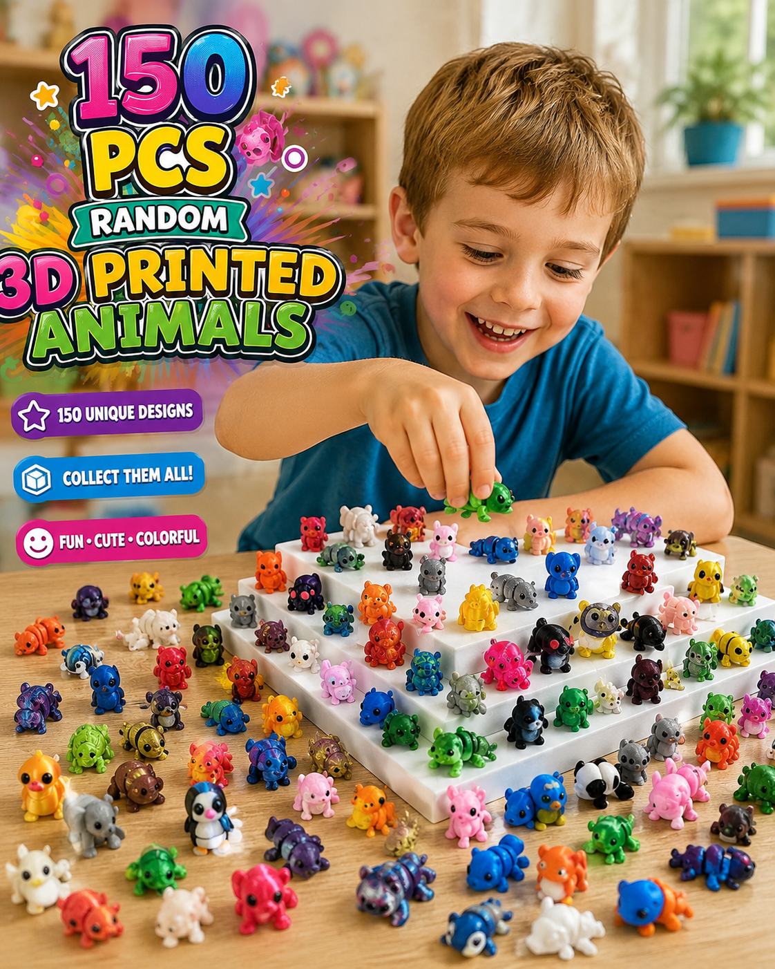 150Pcs Random 3D Printed Animals - Mystery Pack Articulated Figurines Fidget Toy - Gifts for Kids Graduation Rewards - Easter Egg Stuffers - Birthday Gifts(Varying Sizes)