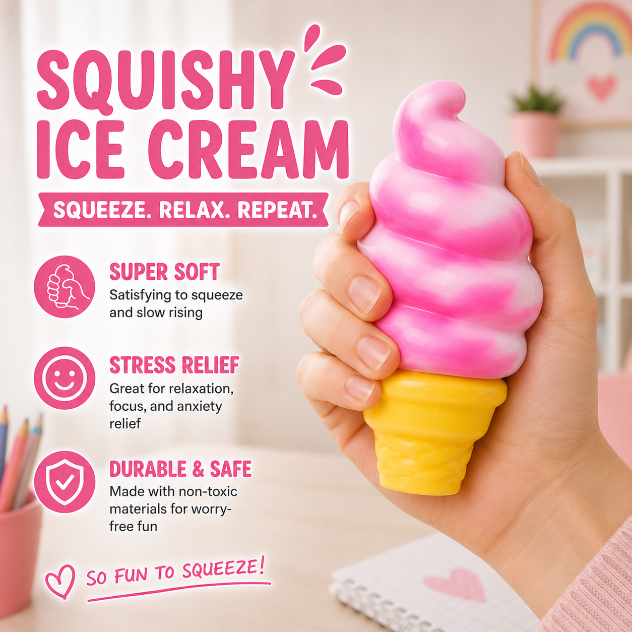 Ice Cream Squeeze Squishy - Ice Cream Cone Squishy - Slow Rise Sensory Fidget Toy - Easter Basket Stuffers Party Favors Summer Sensory Stress Relief - Kawaii Dessert (Pink)