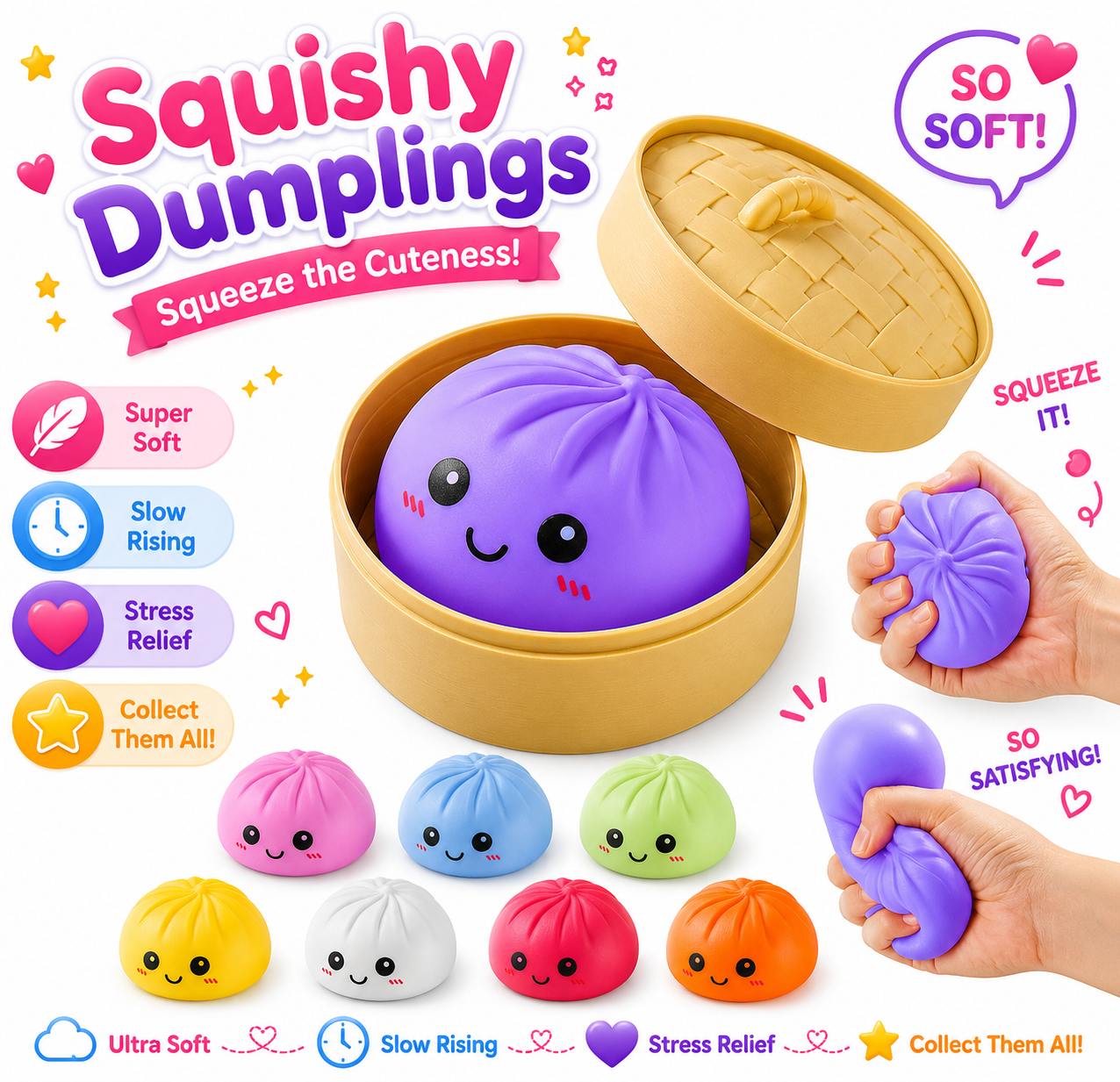 Dumpling Squishy Toys -  Gaint Dumpling Squishy Mystery Box - Assorted Colors - Colorful Squishies Dumplings Stress Balls Toy - Stocking Stuffers with Food Steamer Stretchy Desk Toy