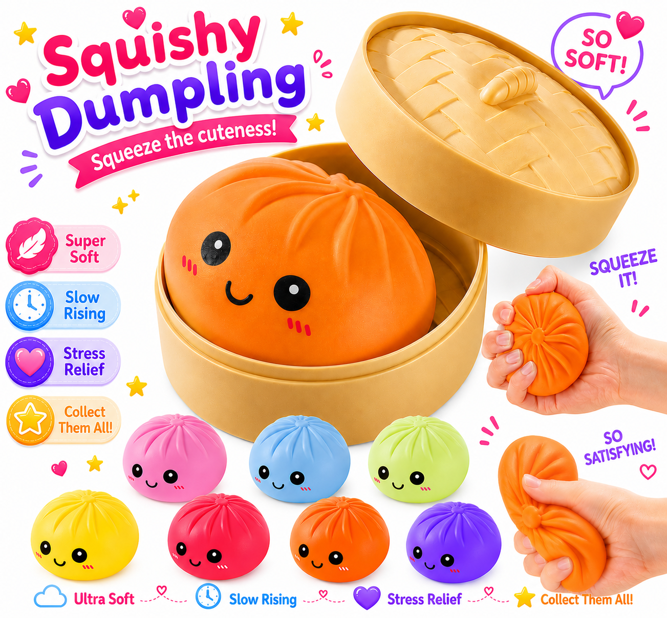 Dumpling Squishy Toys -  Gaint Dumpling Squishy Mystery Box - Assorted Colors - Colorful Squishies Dumplings Stress Balls Toy - Stocking Stuffers with Food Steamer Stretchy Desk Toy