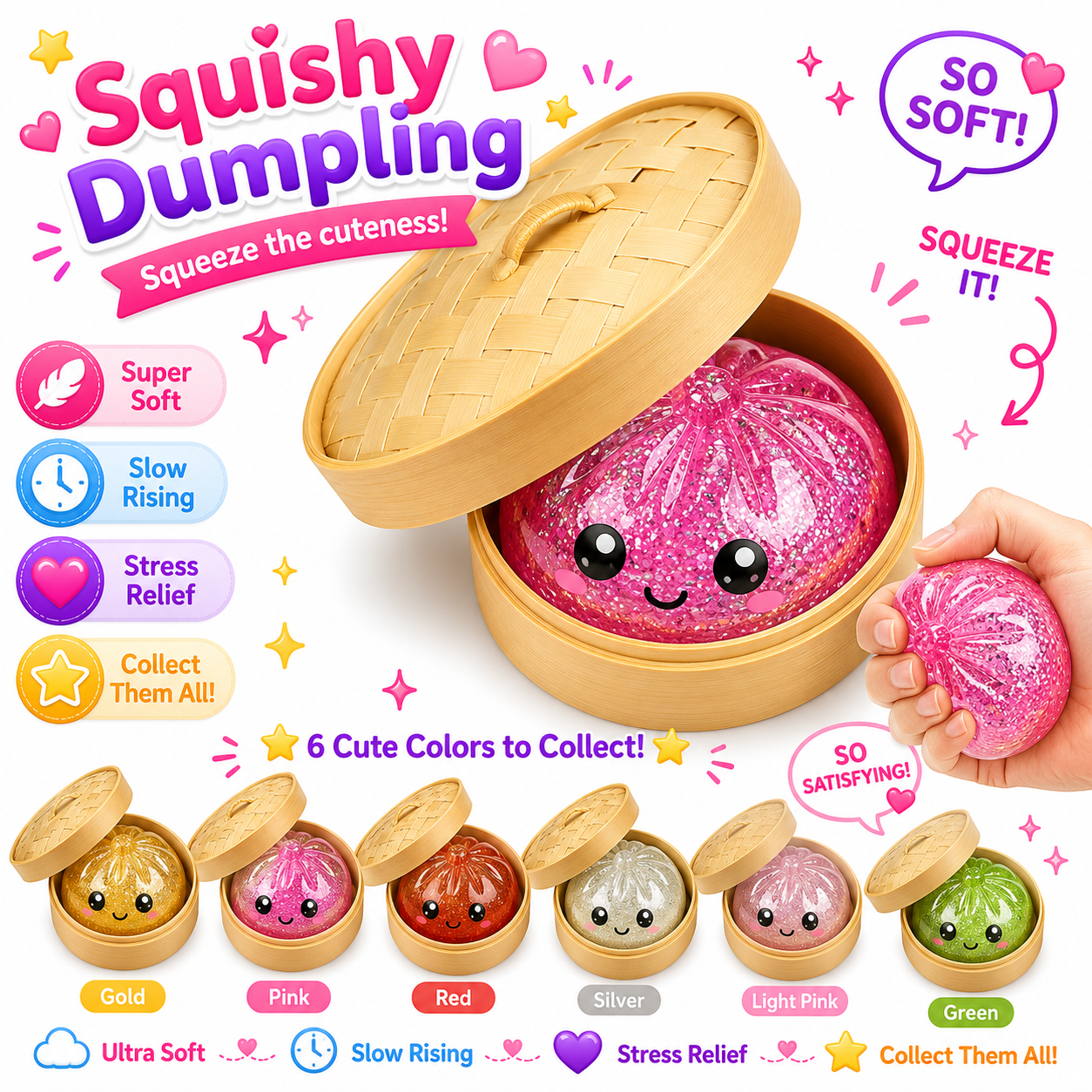 Dumpling Squishy Toys -  Gaint Dumpling Squishy Mystery Box - Assorted Colors - Colorful Squishies Dumplings Stress Balls Toy - Stocking Stuffers with Food Steamer Stretchy Desk Toy