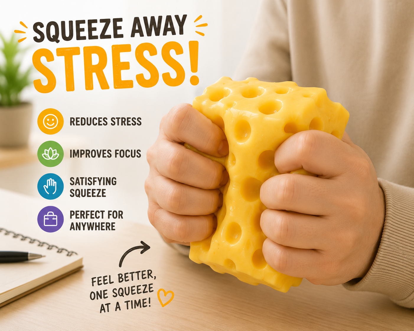 Cheese Squishy - Stress Relief - Original Sensory Food Squishy - Stress Relief Fidget Toy - Stress Balls for Adults