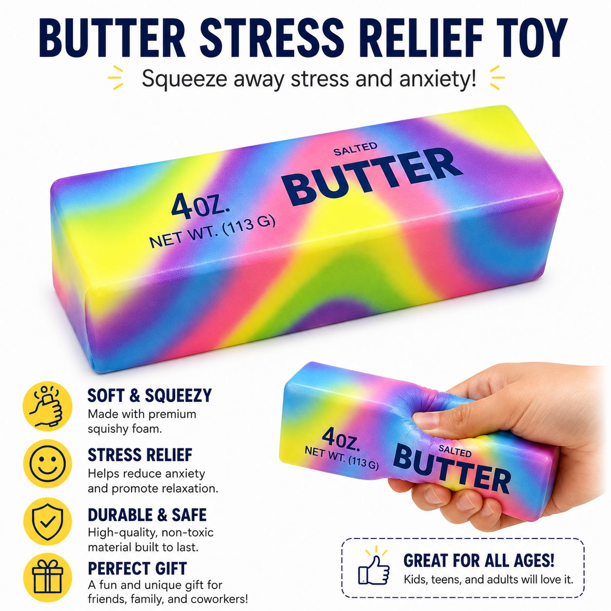 Butter Stick Fidget Toy - Assorted Colors - Slow Rebound Cute Butter Squeeze Stress Balls - Slow Rising Portable Squishy for Adults Anxiety & Stress Relief - Sensory Gifts for Office - Home