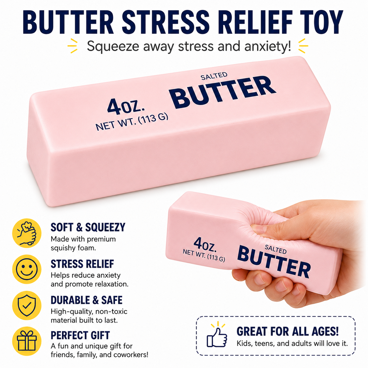 Butter Stick Fidget Toy - Assorted Colors - Slow Rebound Cute Butter Squeeze Stress Balls - Slow Rising Portable Squishy for Adults Anxiety & Stress Relief - Sensory Gifts for Office - Home