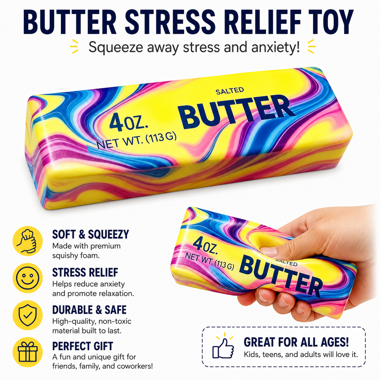 Butter Stick Fidget Toy - Assorted Colors - Slow Rebound Cute Butter Squeeze Stress Balls - Slow Rising Portable Squishy for Adults Anxiety & Stress Relief - Sensory Gifts for Office - Home