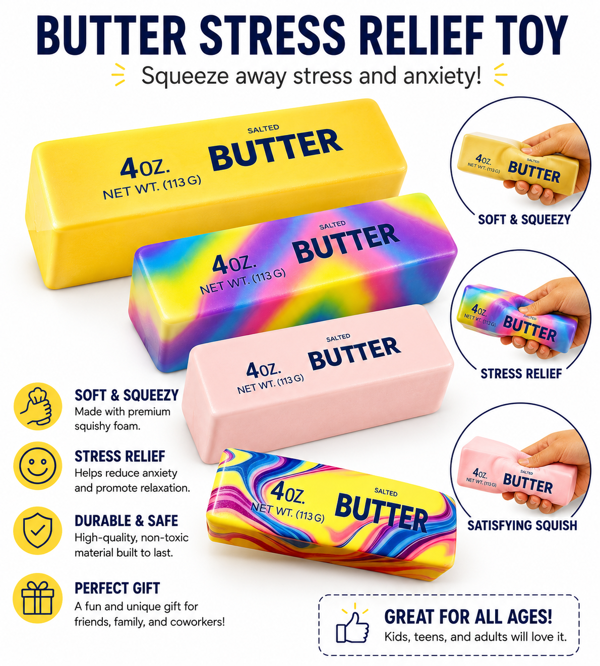 Butter Stick Fidget Toy - Assorted Colors - Slow Rebound Cute Butter Squeeze Stress Balls - Slow Rising Portable Squishy for Adults Anxiety & Stress Relief - Sensory Gifts for Office - Home
