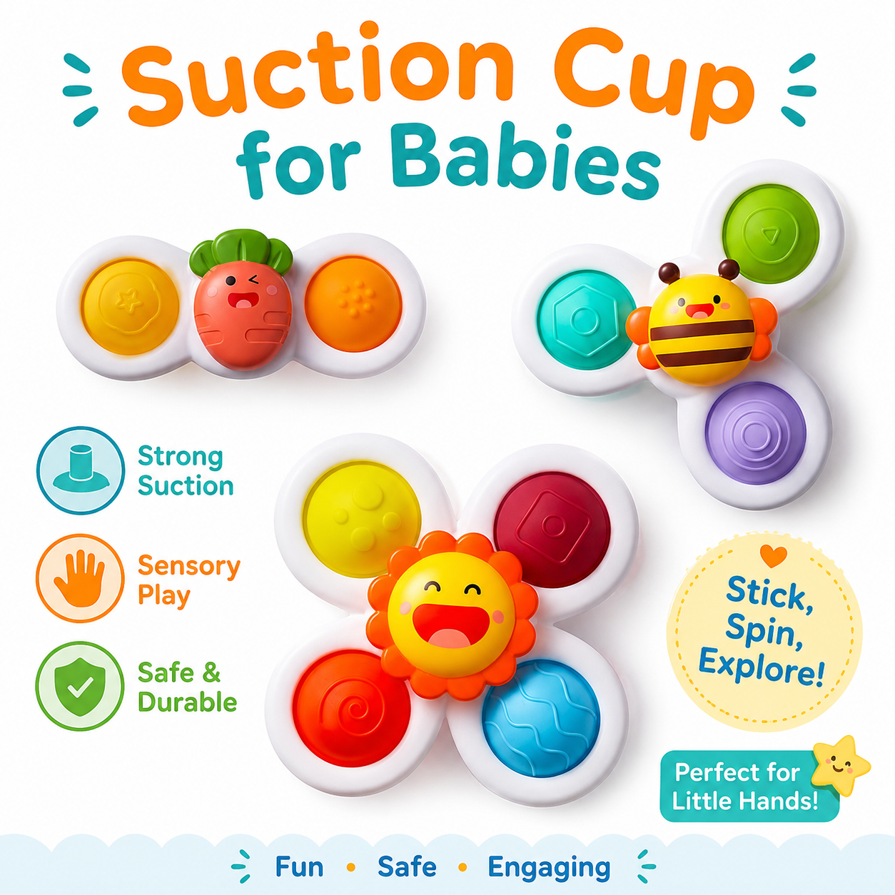 Strong Suction Cup Fidget - Rotating Sensory Bath Toys for Baby Christmas Stocking Stuffers - Airplane Car Travel Table & Window Toys for Toddler Boys and Girls - 10+ Months