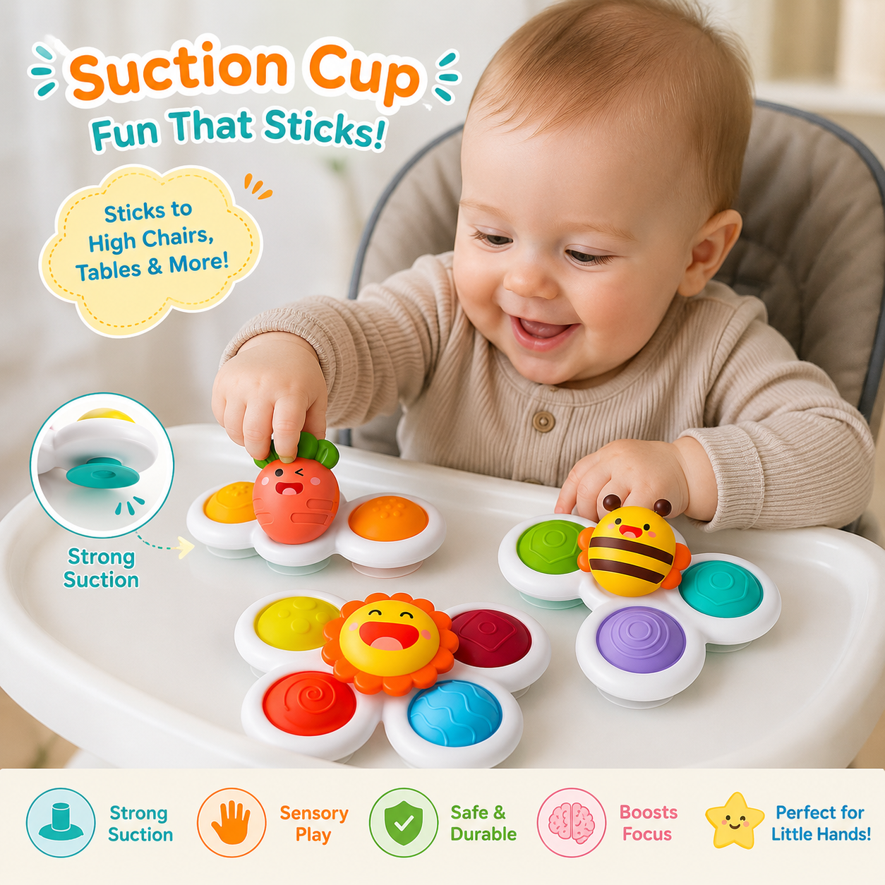 Strong Suction Cup Fidget - Rotating Sensory Bath Toys for Baby Christmas Stocking Stuffers - Airplane Car Travel Table & Window Toys for Toddler Boys and Girls - 10+ Months