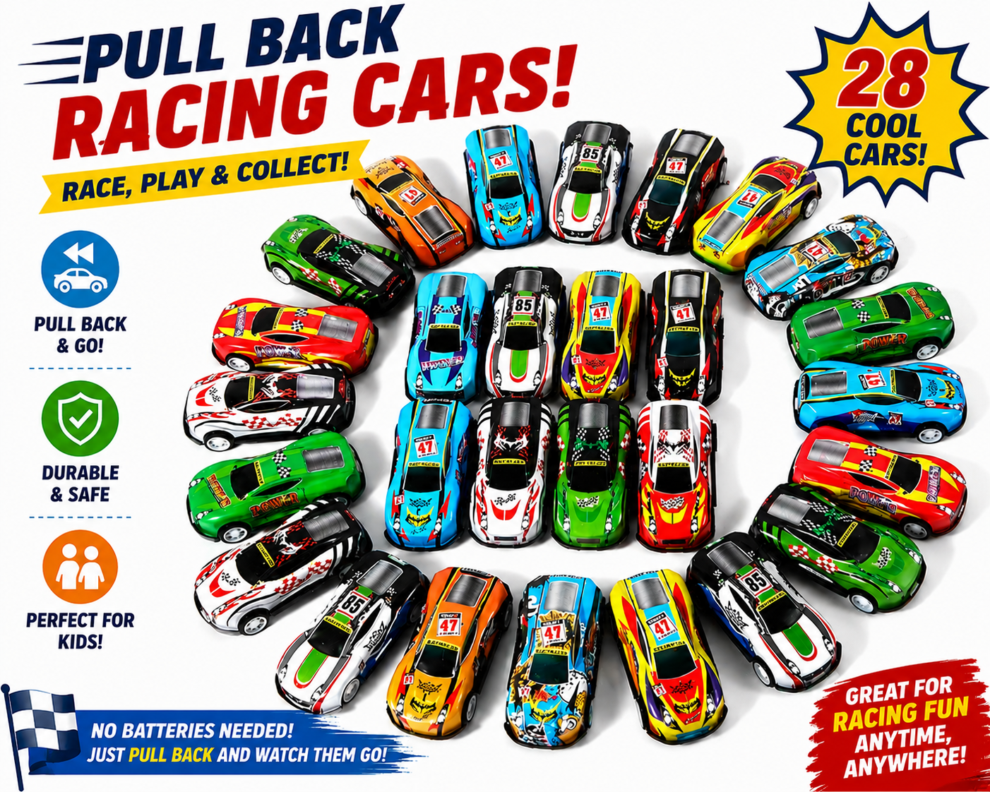 28 Pack Pull Back Cars for Kids - Mini Vehicles Toy Bulk Party Favor Race Cars Toys - Goodie Bag Stuffers - Pinata Fillers for Boys Girls Toddlers