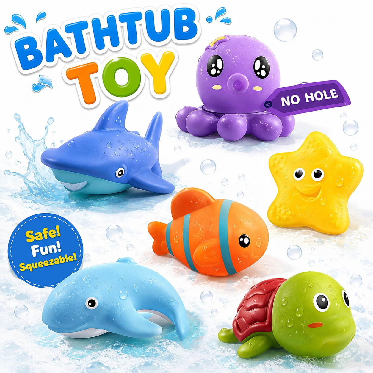 Infant Bath Toys for 18 Months - 6 Pcs Set - No Hole Animal Bathtub Toys - Baby Bath Tub Toys