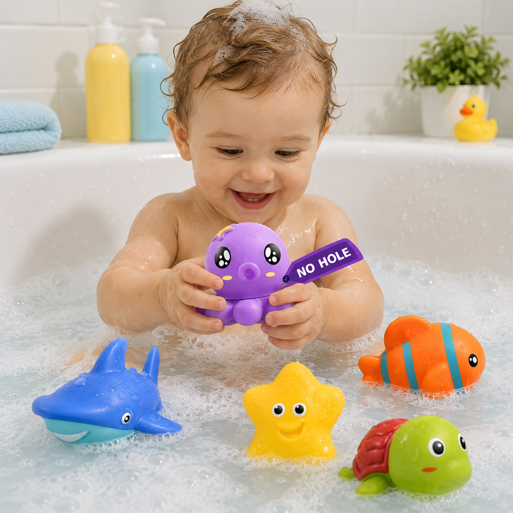 Infant Bath Toys for 18 Months - 6 Pcs Set - No Hole Animal Bathtub Toys - Baby Bath Tub Toys