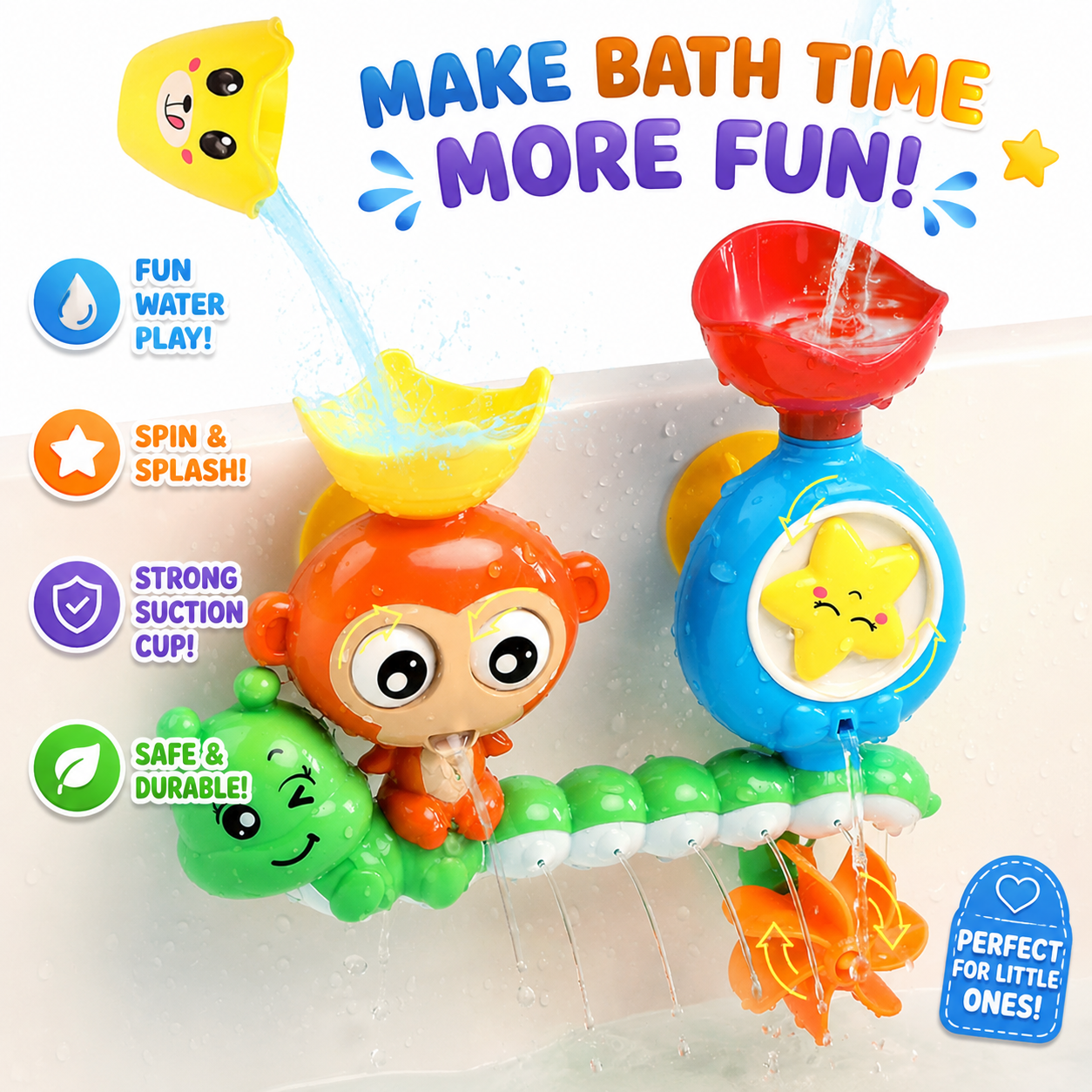 Bath Toys for Toddlers Age 1 2 3 Year Old Girl Boy - Preschool New Born Baby Bathtub Water Toys - Durable Interactive Multicolored Infant Toy - Lovely Monkey Caterpillar - 2 Strong Suction Cups