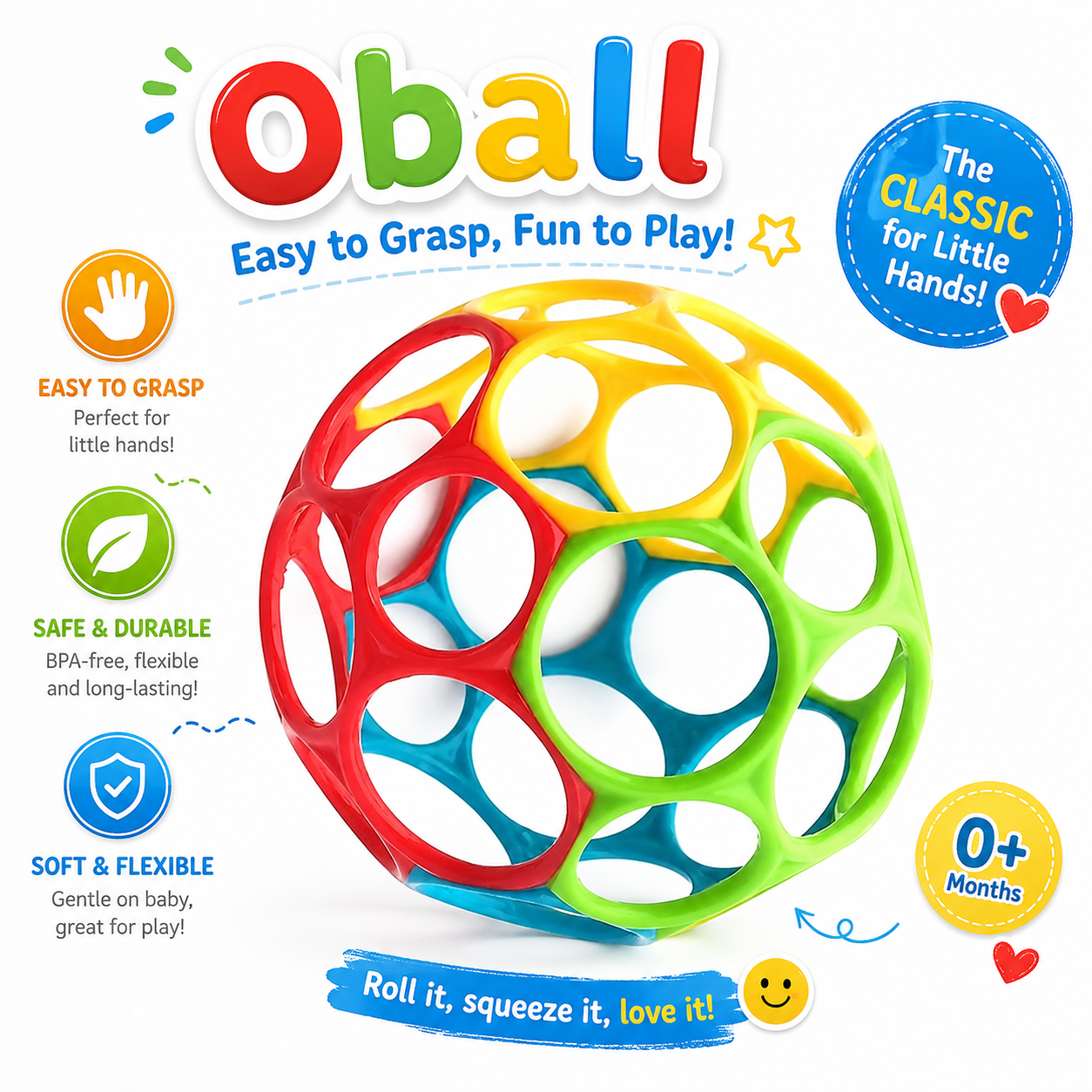 Bright Starts Oball Easy Grasp Classic Ball BPA-Free Infant Toy - Red, Yellow, Green, Blue - Newborn and Up - 4 Inches