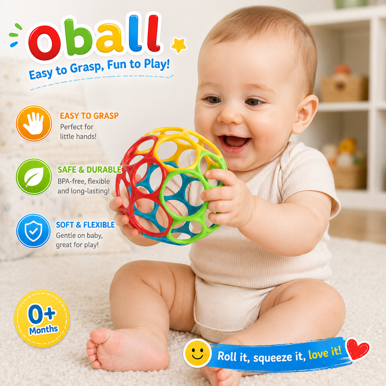 Bright Starts Oball Easy Grasp Classic Ball BPA-Free Infant Toy - Red, Yellow, Green, Blue - Newborn and Up - 4 Inches