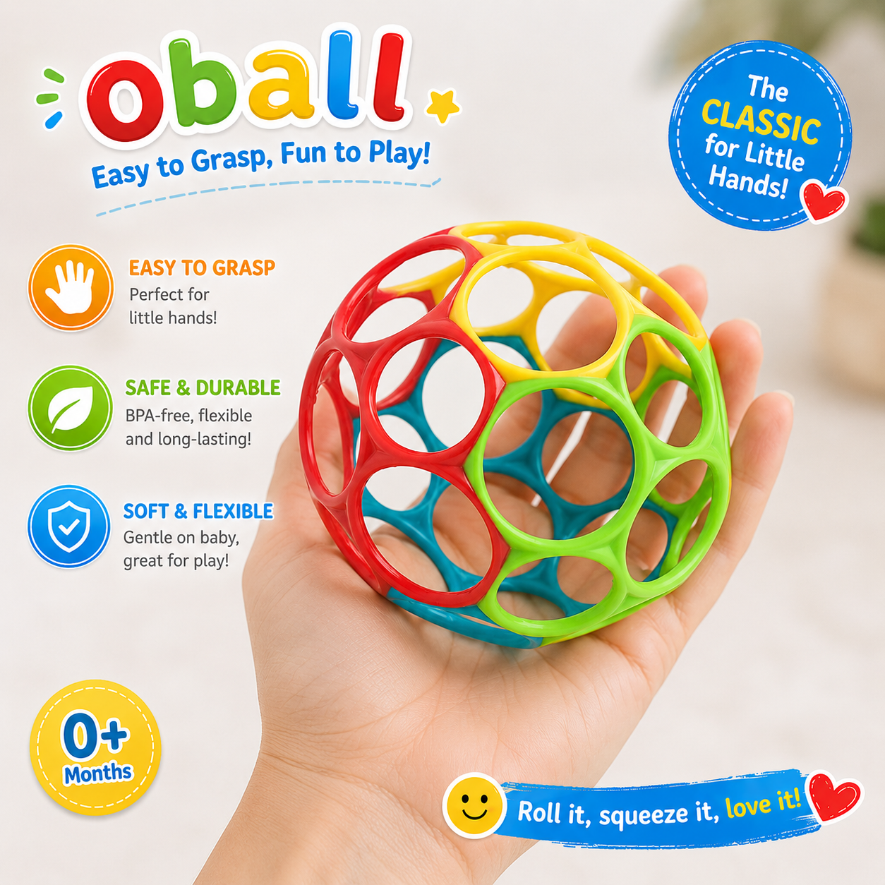 Bright Starts Oball Easy Grasp Classic Ball BPA-Free Infant Toy - Red, Yellow, Green, Blue - Newborn and Up - 4 Inches