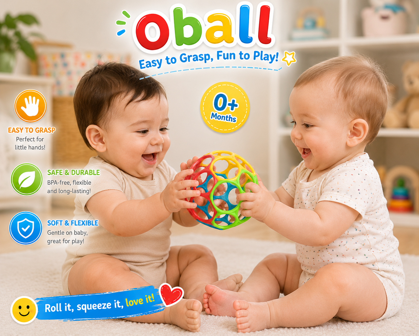 Bright Starts Oball Easy Grasp Classic Ball BPA-Free Infant Toy - Red, Yellow, Green, Blue - Newborn and Up - 4 Inches