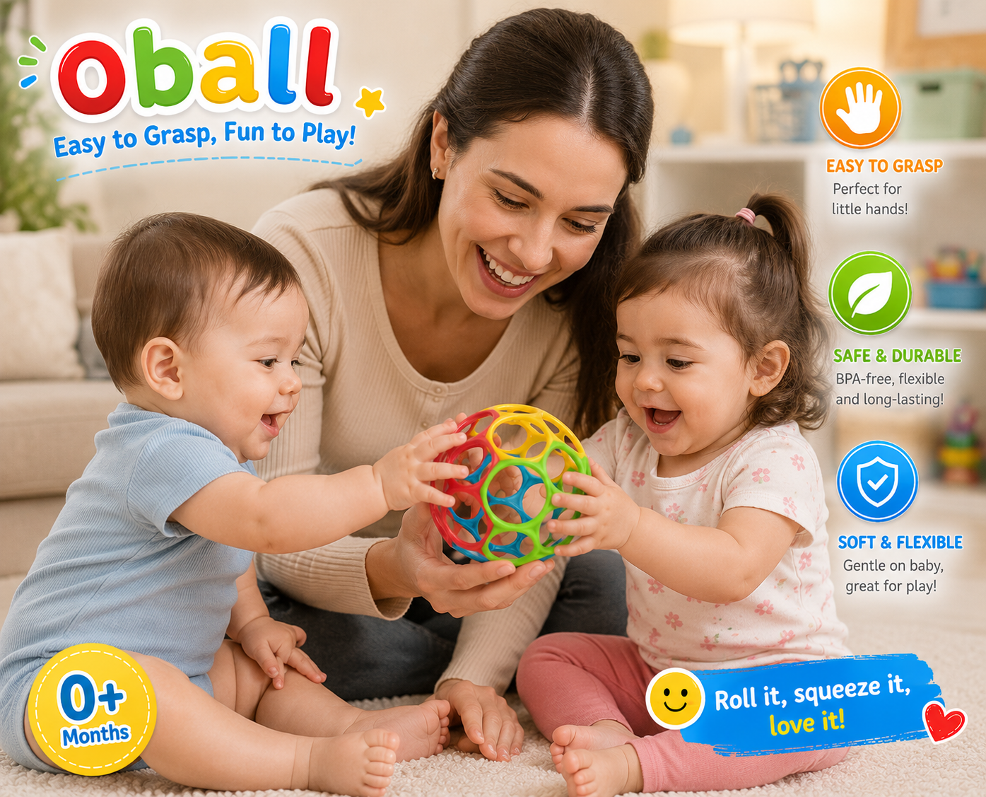 Bright Starts Oball Easy Grasp Classic Ball BPA-Free Infant Toy - Red, Yellow, Green, Blue - Newborn and Up - 4 Inches