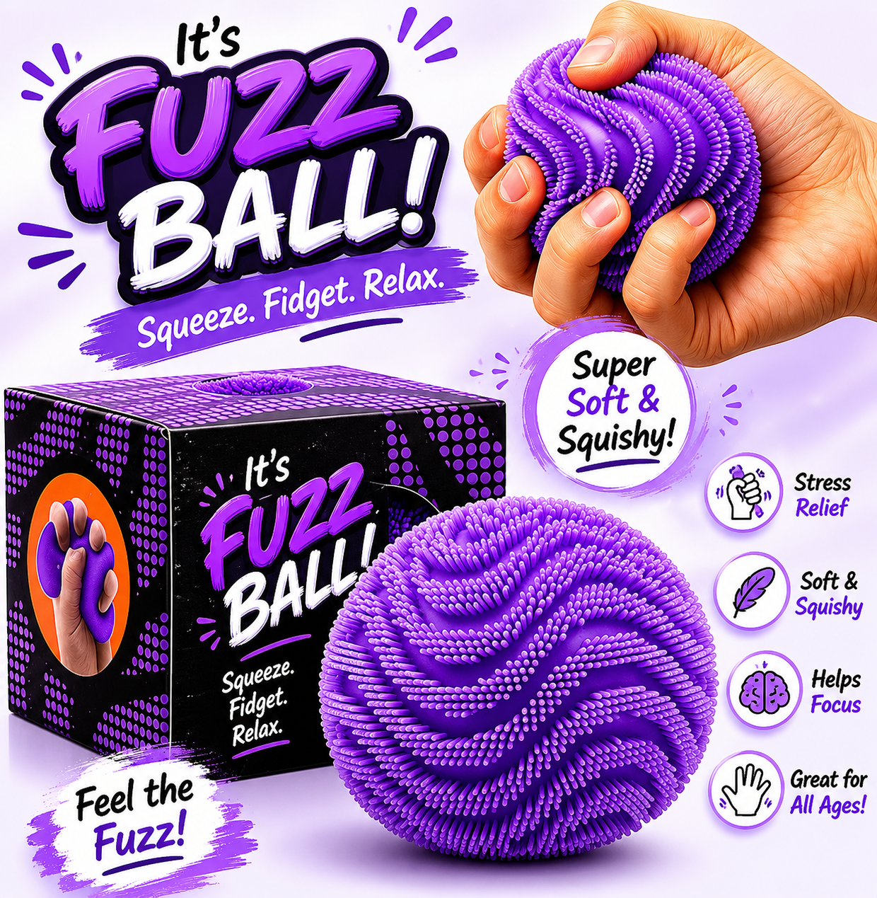 Fuzz Ball Squishy Stress Ball - Soft Slow Rise Sensory Fidget Toy - Tactile Squeeze Ball for Anxiety Relief - Calming Moldable Fidget Toy for Stress Relief & Focus Enhancement