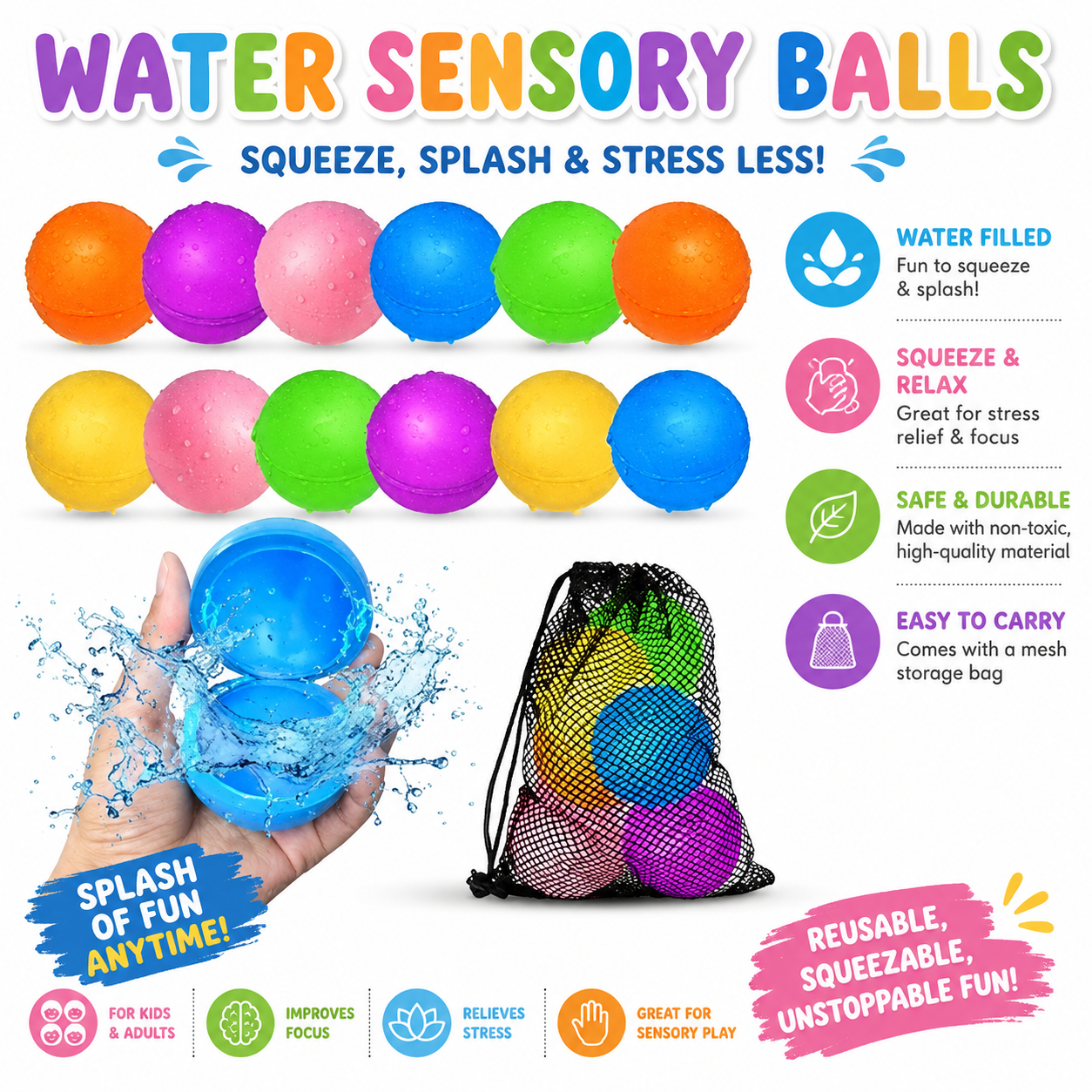 12Pcs Reusable Water Balloons - Pool Beach water Toys for Boys and Girls - Outdoor Summer Toys for Kids Ages 3-12