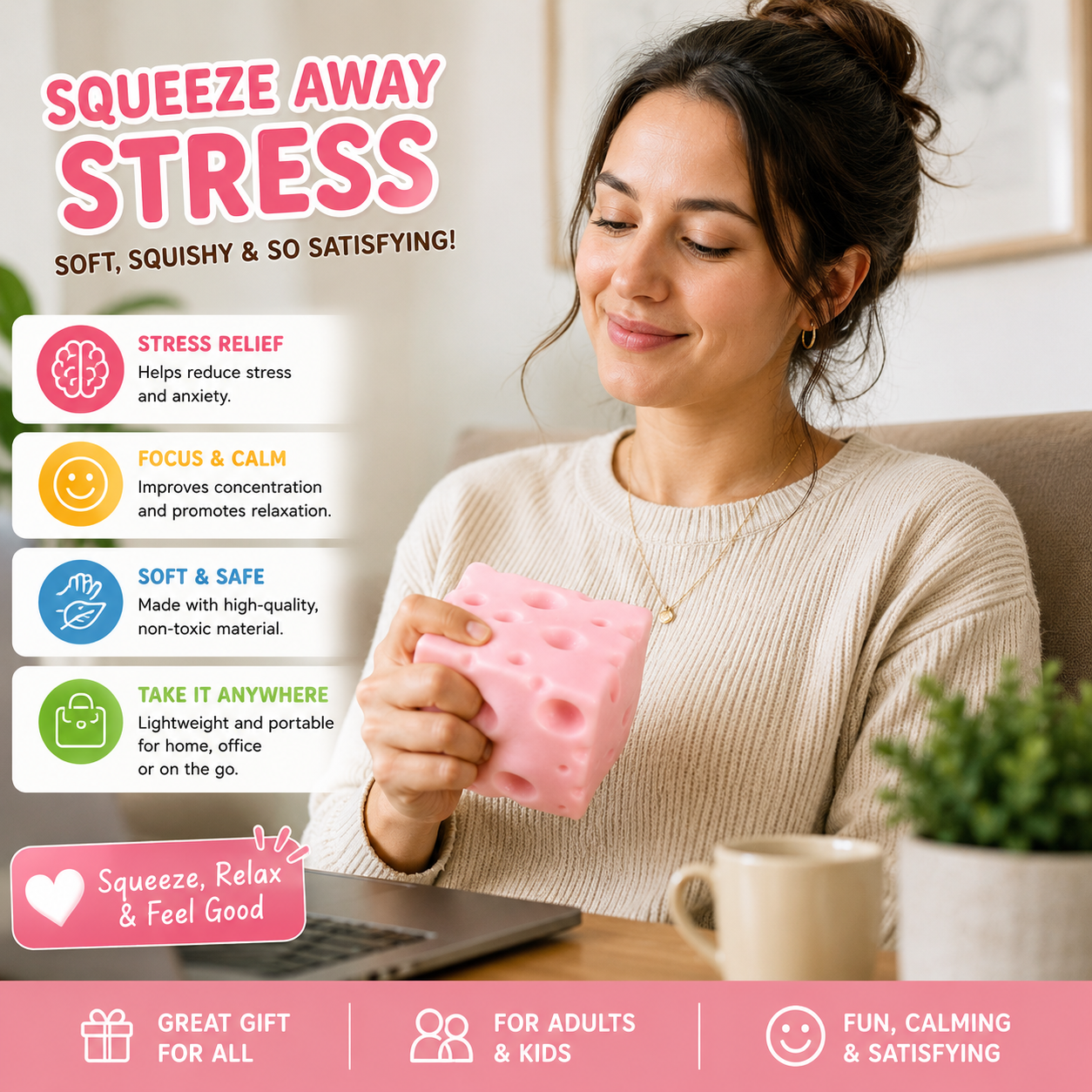 Pink Cheese Squishy - Squeeze Cheese Toys with Soft Skin-Feel for Stress & Anxiety Relief Fidget