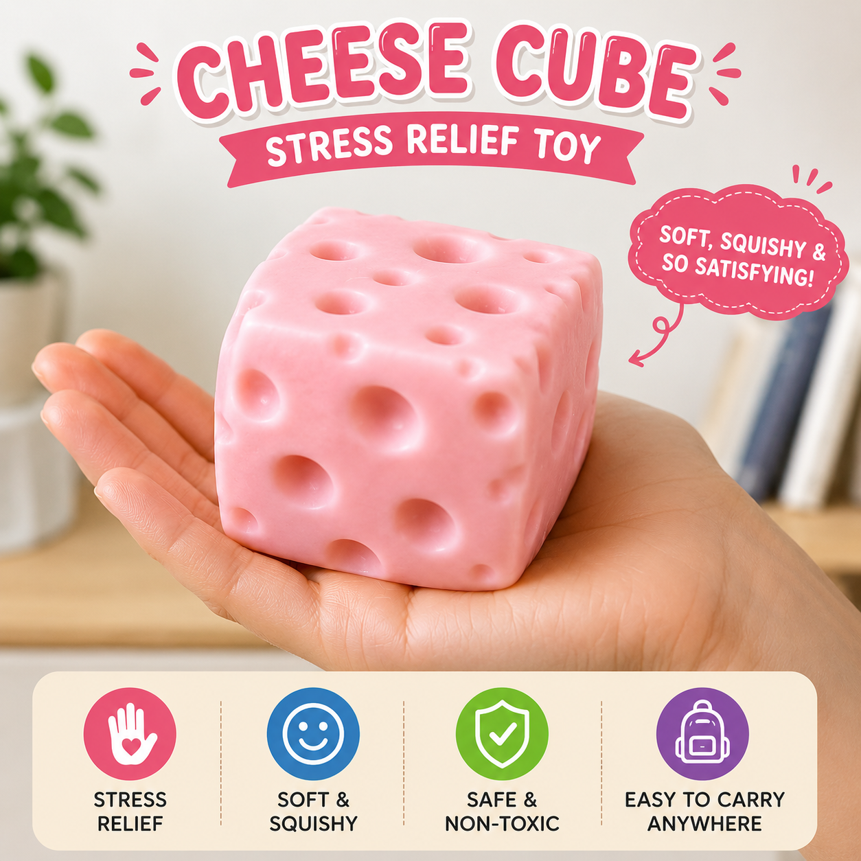 Pink Cheese Squishy - Squeeze Cheese Toys with Soft Skin-Feel for Stress & Anxiety Relief Fidget