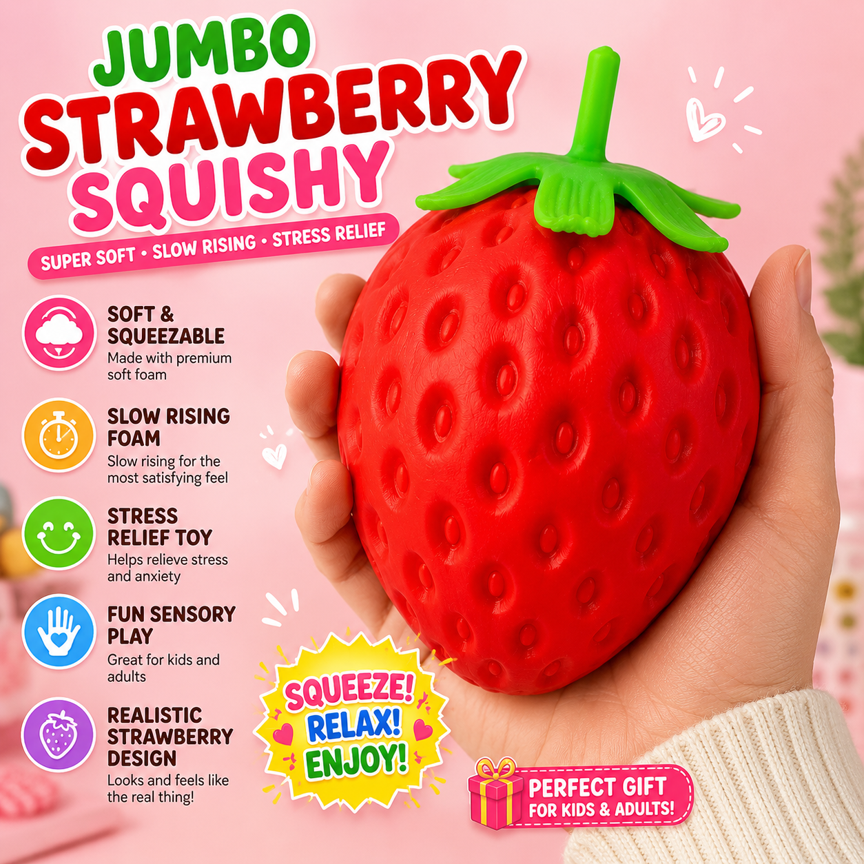 Strawberry Squishy - Realistic Strawberry Ball Relieve Stress and Anxiety - Party Favor Slow Rise Pressure Release Toy