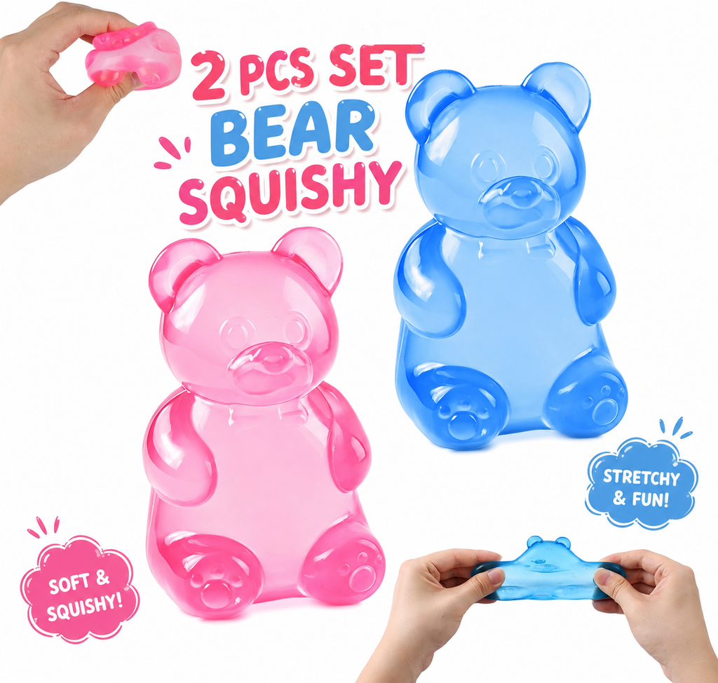 2Pcs Gummy Bear Squishy - Stress Bear Squishy Relief Squeeze Balls for Adults - Valentines Day Birthday Gifts Party (Pink + Blue)