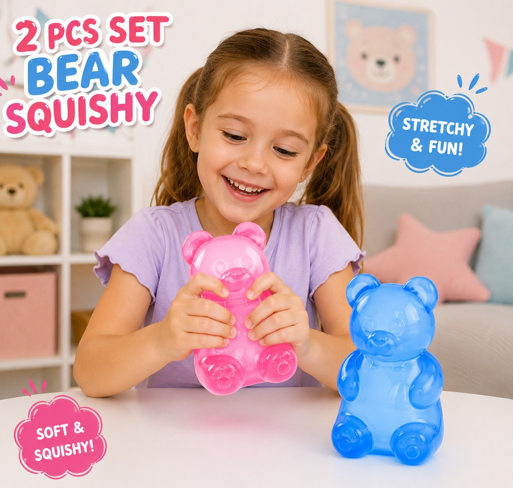 2Pcs Gummy Bear Squishy - Stress Bear Squishy Relief Squeeze Balls for Adults - Valentines Day Birthday Gifts Party (Pink + Blue)