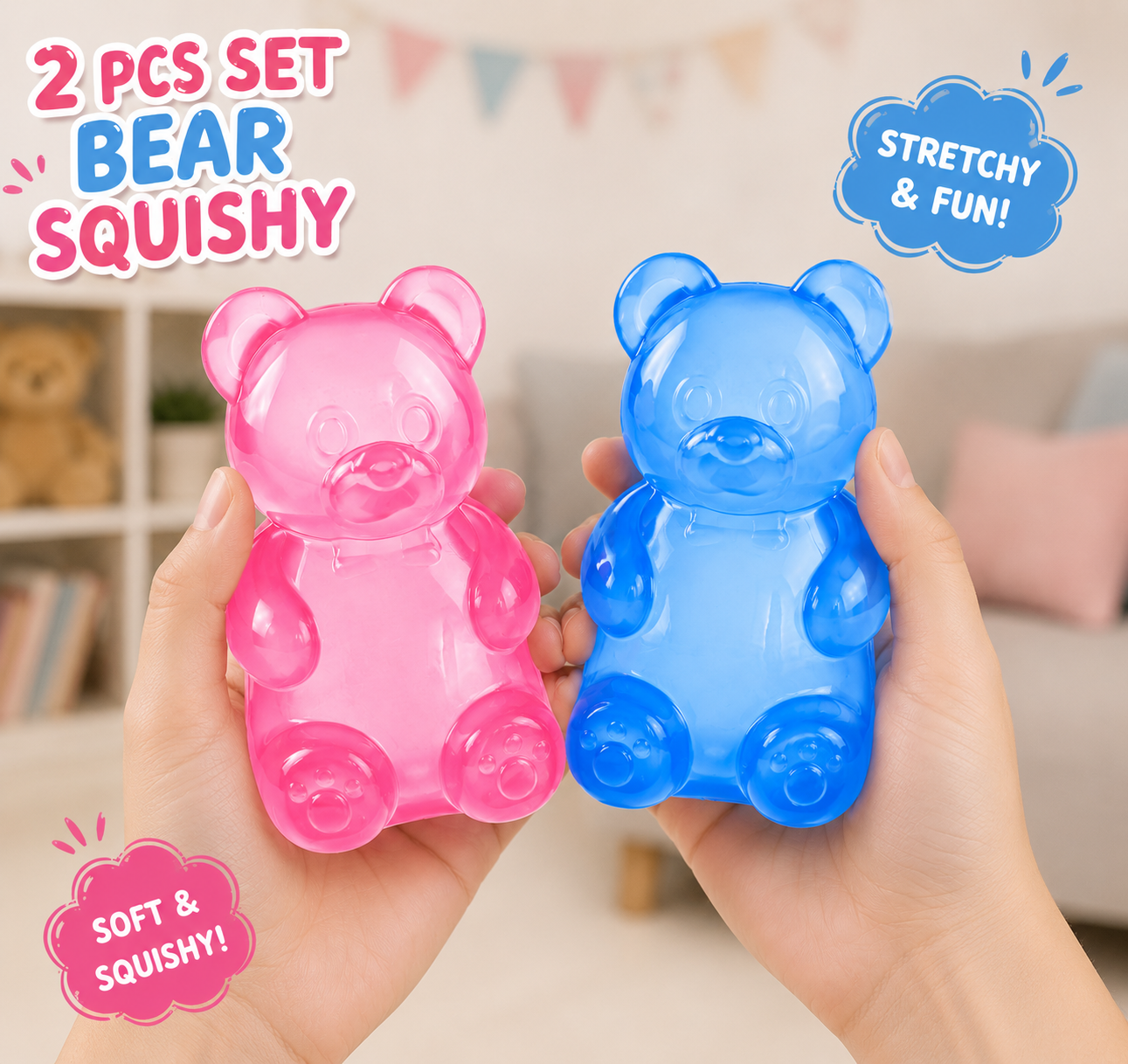 2Pcs Gummy Bear Squishy - Stress Bear Squishy Relief Squeeze Balls for Adults - Valentines Day Birthday Gifts Party (Pink + Blue)