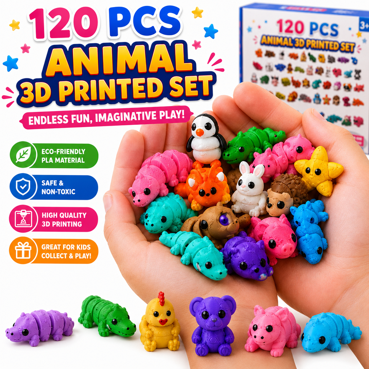120 Pcs Mini 3D Printed Animal Set - Articulated Flexible Cute Animal Toys for Christmas - New Year - Birthday Gifts(Sizes Vary -  Styles Shipped Randomly)