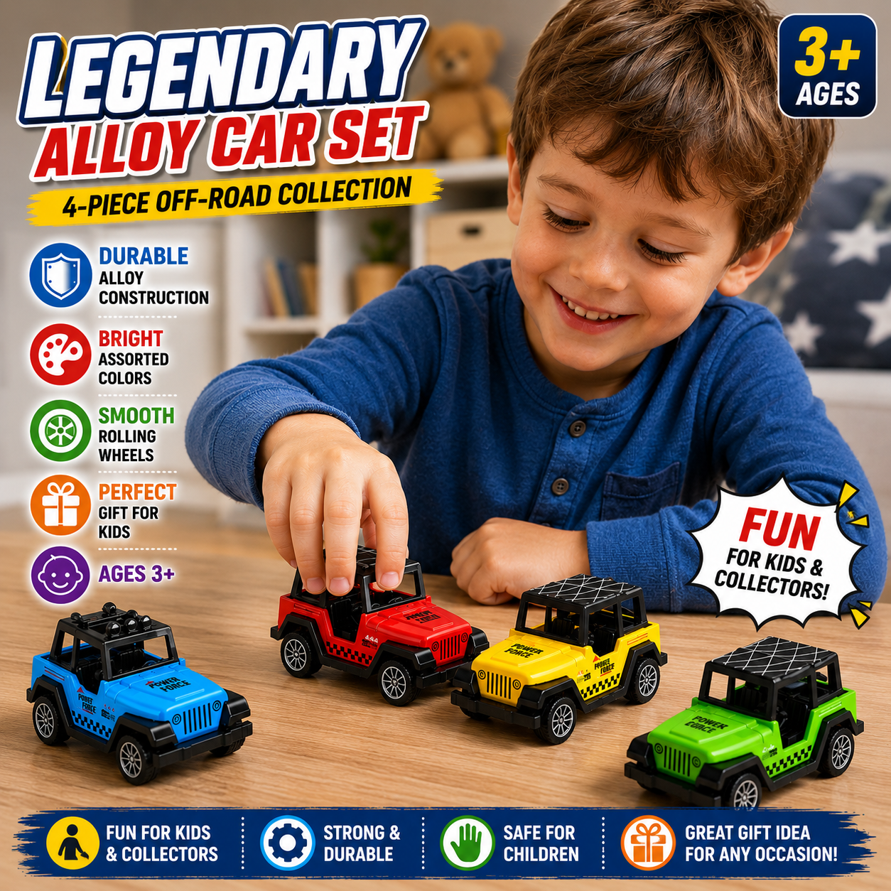 4-Pack 4x4 Off-Road SUV Toy Cars - Mini Pull Back Truck Vehicles Set - Jeep-Like Styling for Kids & Toddlers - Party Favors and Birthday Gifts