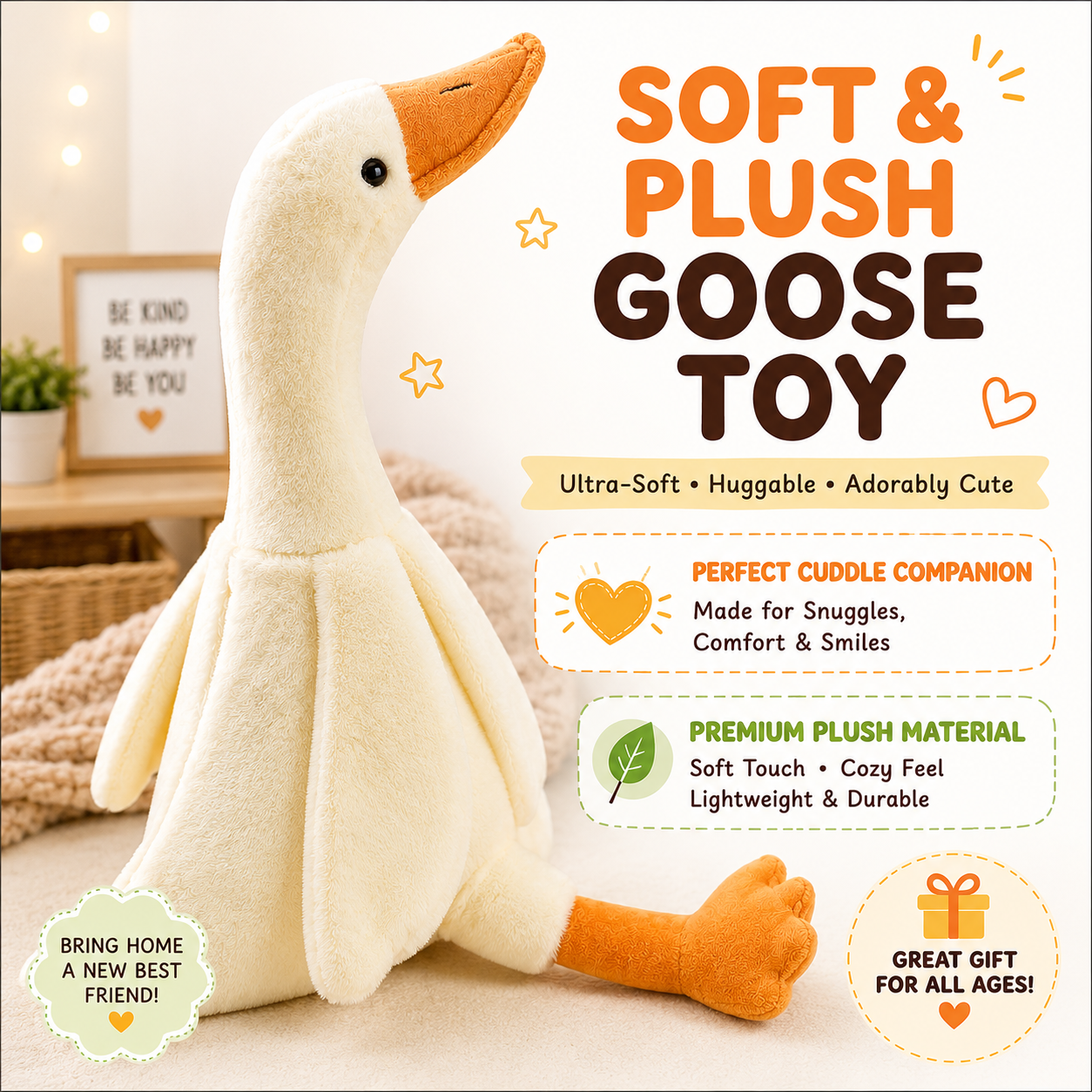 Goose Stuffed Animal – 19.7 Inch Soft Plush Goose Hugging Pillow for Kids