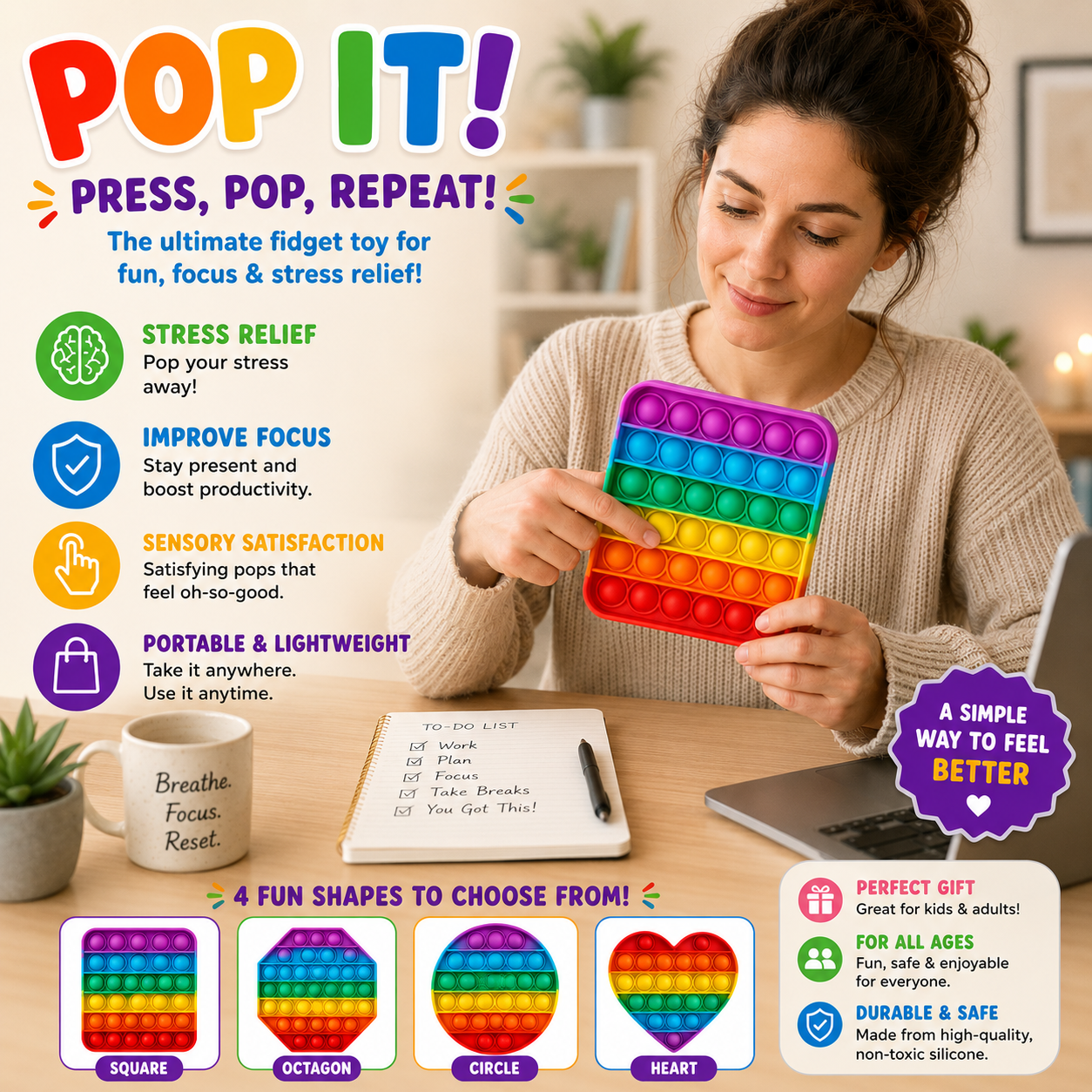 4 Pack Rainbow Pop it Fidget Toy - Bubble Sensory Toy for Kids and Adults - Stress Reliever - 4 Shapes Poppers - Heart - Circle - Octagon - Square Pressure Relieving