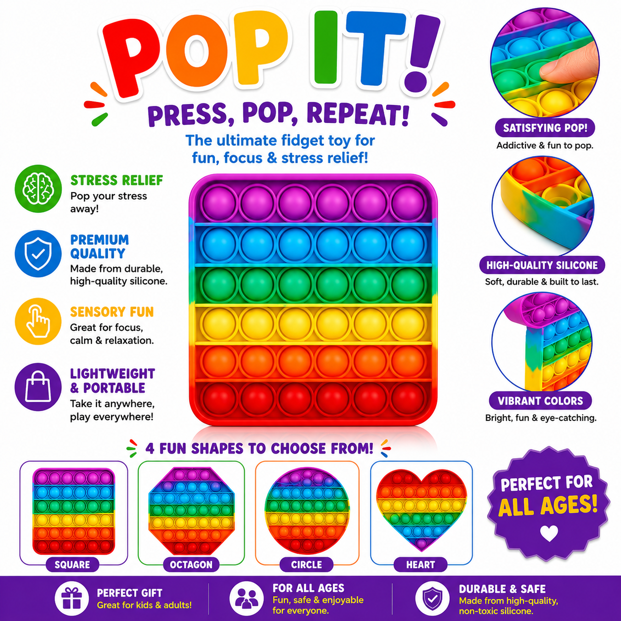 4 Pack Rainbow Pop it Fidget Toy - Bubble Sensory Toy for Kids and Adults - Stress Reliever - 4 Shapes Poppers - Heart - Circle - Octagon - Square Pressure Relieving