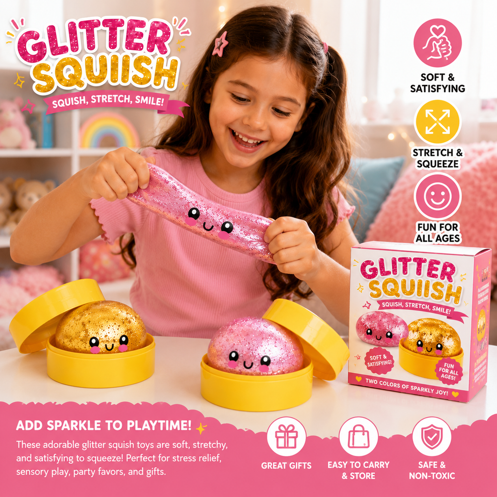 2 Pack Mini Dumpling Squishy Fidget Toys - Glitter & Bead Filled Stress Balls - Soft Slow Rising TPR Smiley Squeeze Toy - Tear-Resistant Sensory Toy for Stress Relief - Party Favors (Pink & Gold)