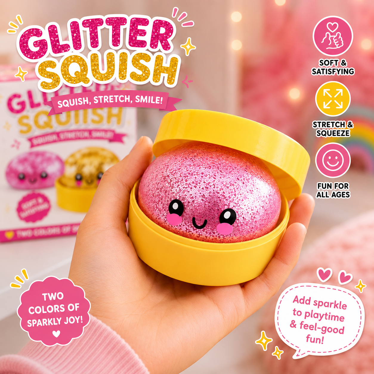 2 Pack Mini Dumpling Squishy Fidget Toys - Glitter & Bead Filled Stress Balls - Soft Slow Rising TPR Smiley Squeeze Toy - Tear-Resistant Sensory Toy for Stress Relief - Party Favors (Pink & Gold)