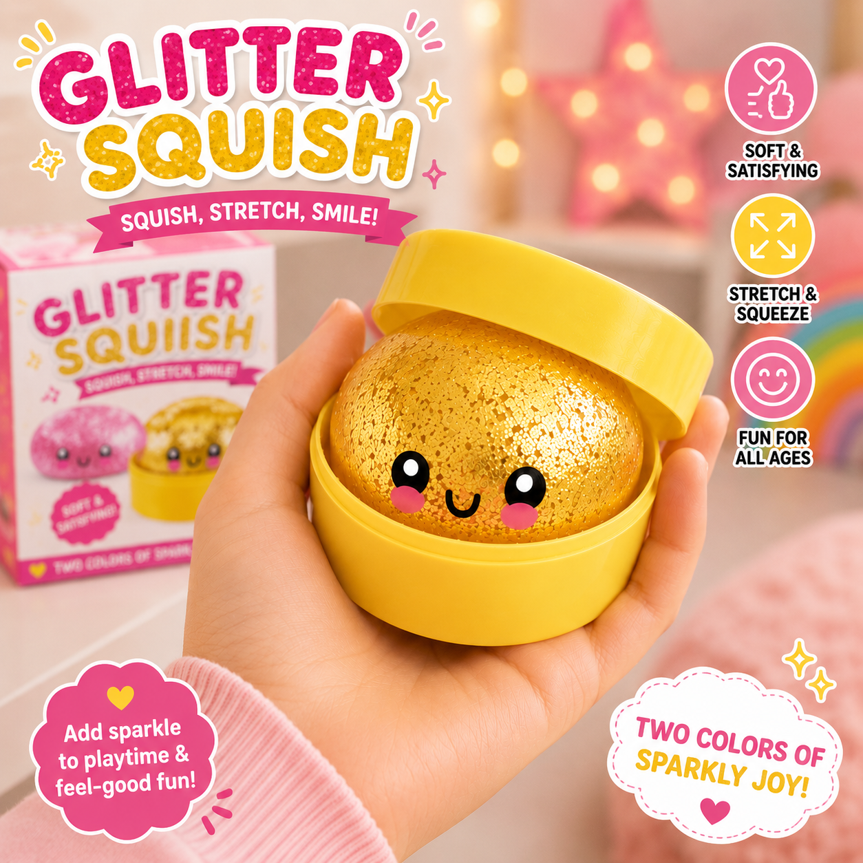 2 Pack Mini Dumpling Squishy Fidget Toys - Glitter & Bead Filled Stress Balls - Soft Slow Rising TPR Smiley Squeeze Toy - Tear-Resistant Sensory Toy for Stress Relief - Party Favors (Pink & Gold)