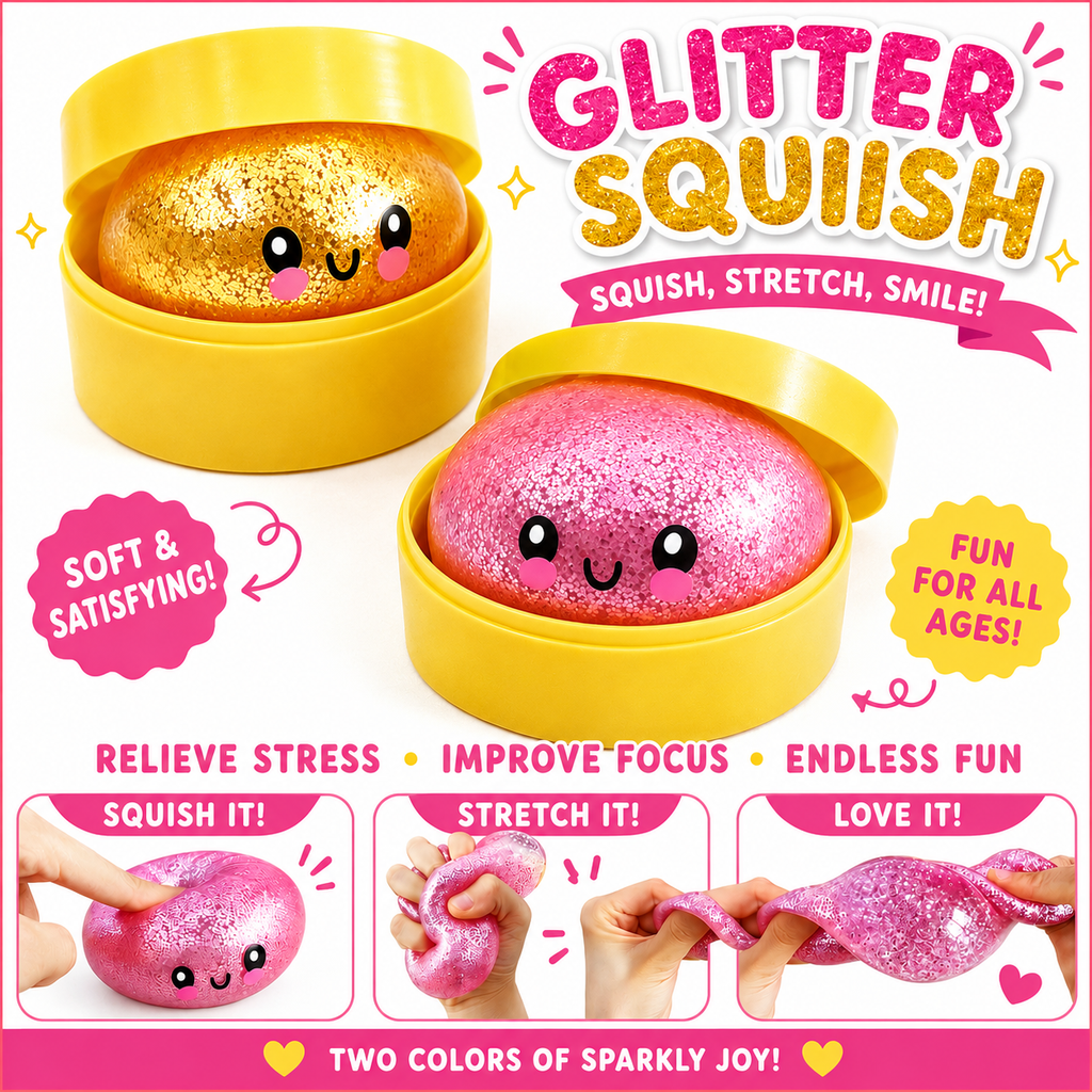 2 Pack Mini Dumpling Squishy Fidget Toys - Glitter & Bead Filled Stress Balls - Soft Slow Rising TPR Smiley Squeeze Toy - Tear-Resistant Sensory Toy for Stress Relief - Party Favors (Pink & Gold)
